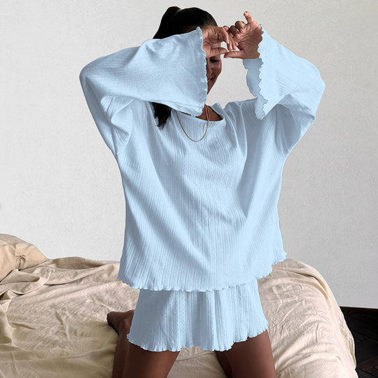 Summer Jacquard Round Neck Breathable Pajamas Two Piece Set Loose Soft Comfortable Ladies Homewear