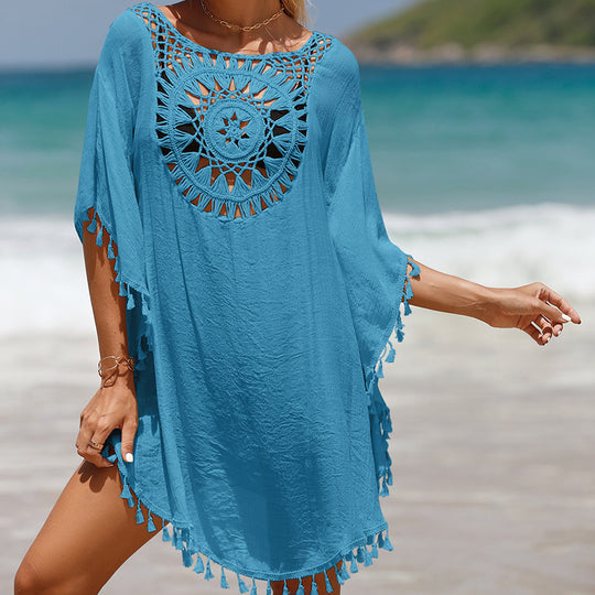 Vacation Hand Crocheting Solid Color Stitching Beach Dress Fimbrilla Sun Protection Short Sexy Beach Blouse