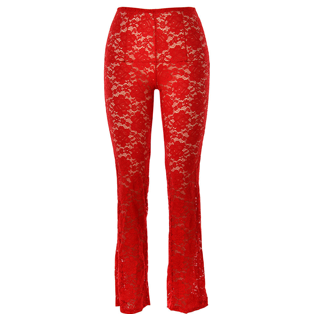 Spring Summer Sexy All Matching Lace See Through High Waist Stitching Long Bootcut Trousers