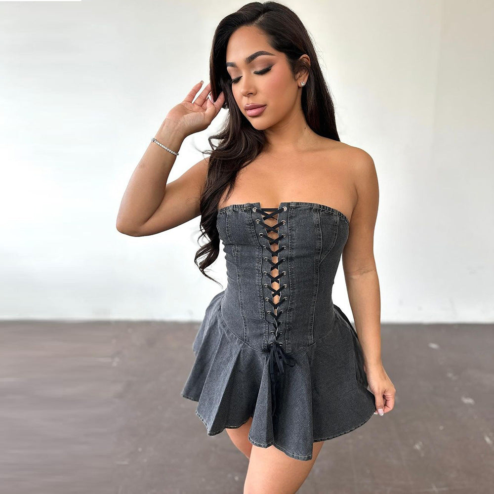 Dress Stretch Denim Women Zipper Lace up Bandeau Sexy See through Bra Straps Short Flounced Dress