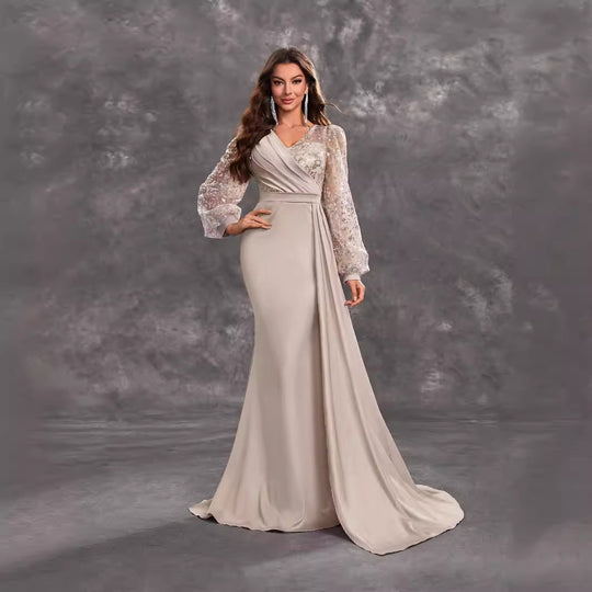 Women Cocktail Party Evening Dress Sequined Satin V neck Long Sleeve Elegant Evening Gown