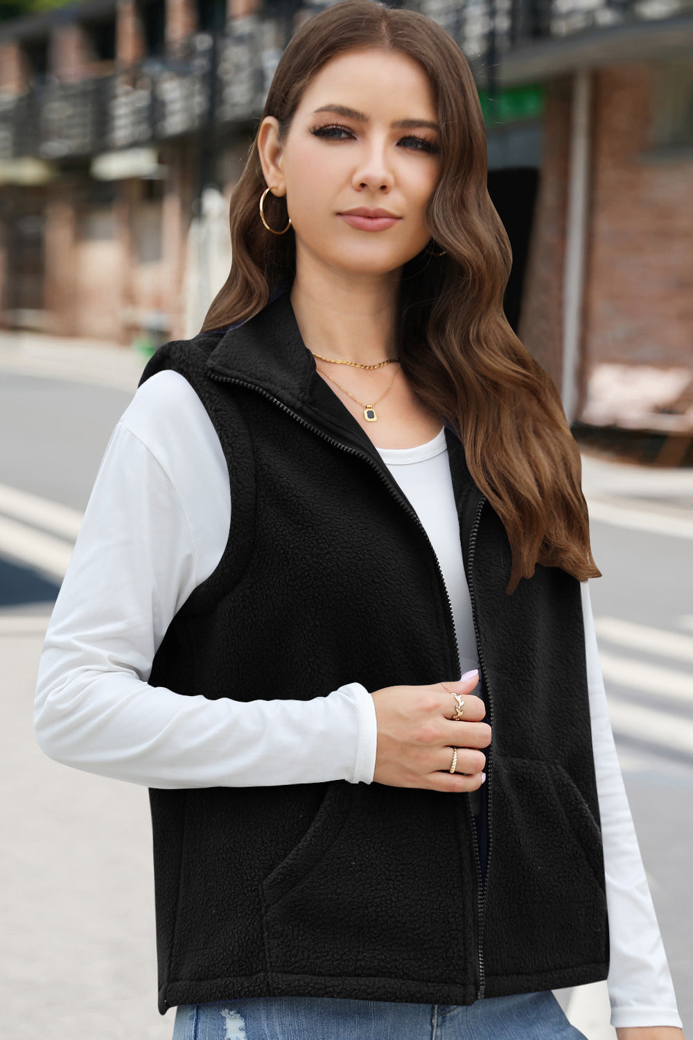 Women's Polar Fleece Zipper Collared Waistcoat