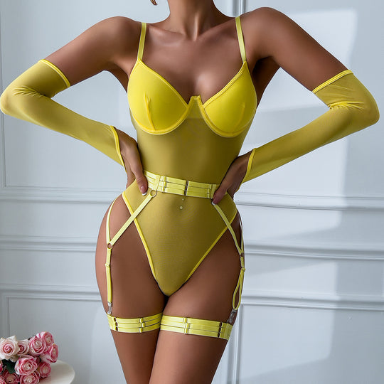 Russian Sexy Underwear Mesh Strap Splicing Tape Gloves Sleeveless Jumpsuit Suit