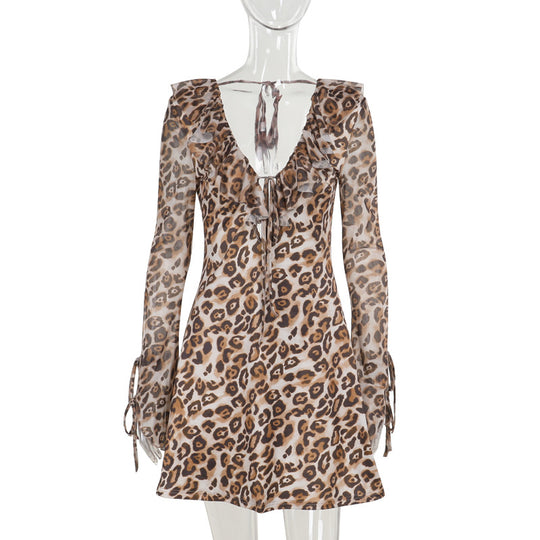 Leopard Print Ruffled Tied Long Sleeve Mini Dress Personality Sexy Sexy Slim Fit Dress