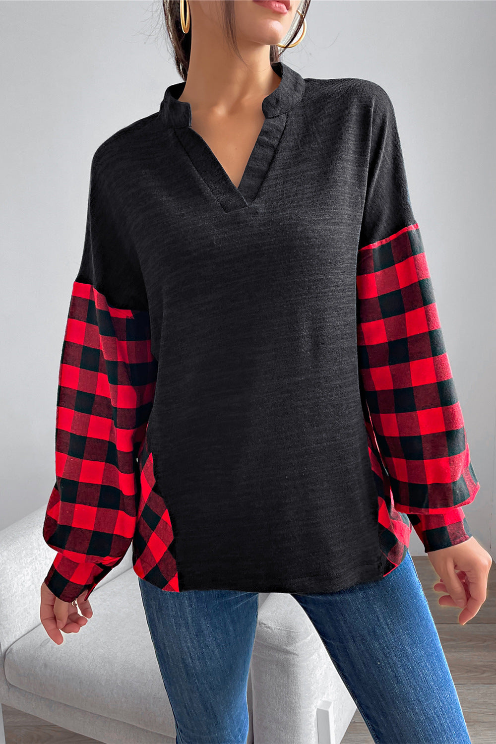 Autumn Women Clothing Classic Casual Patchwork Plaid Long Sleeved Top