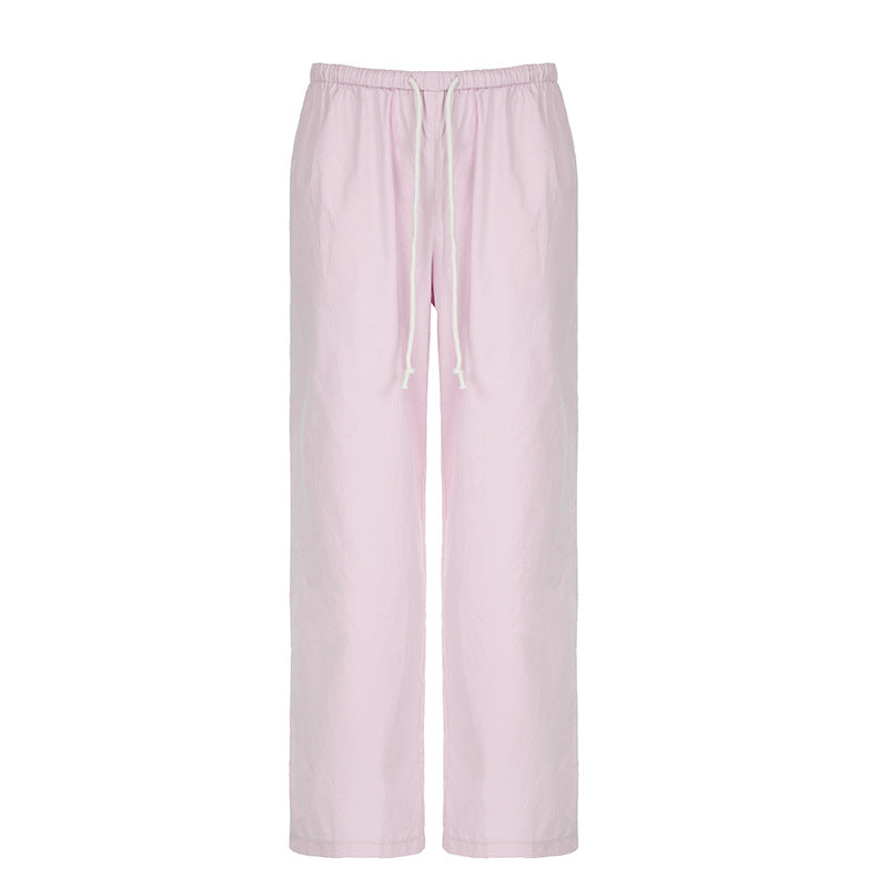 High Street Fashionable Elastic Waist Wide Leg Pink Woven Overalls Sexy Low Waist Casual Trousers Summer