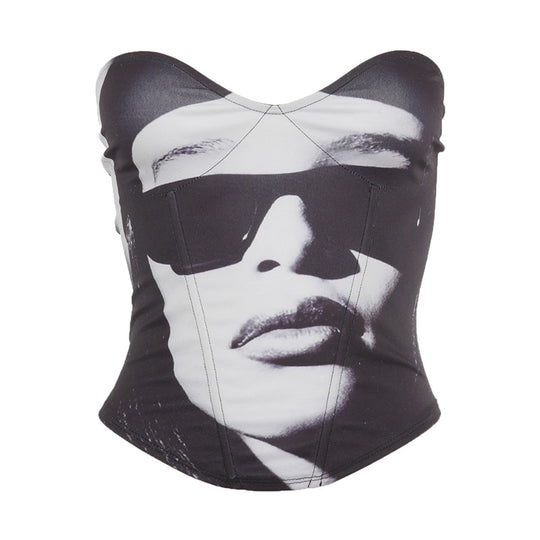 F00006148Spring New Black White Artistic Printing Dyeing Irregular Asymmetric V-neck Tube Top Women Clothing
