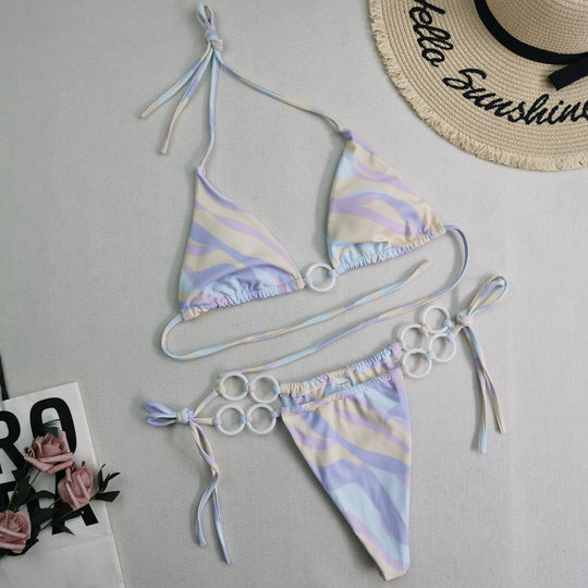 New Bikini Sexy Swimsuit Multi Color Digital Printed Lace up Triangle Swimsuit