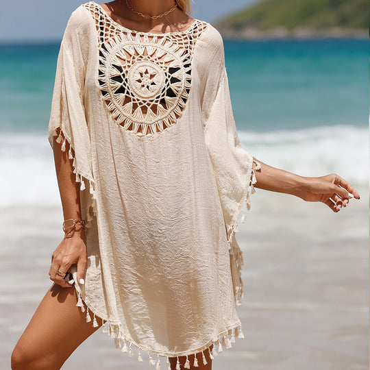 Vacation Hand Crocheting Solid Color Stitching Beach Dress Fimbrilla Sun Protection Short Sexy Beach Blouse