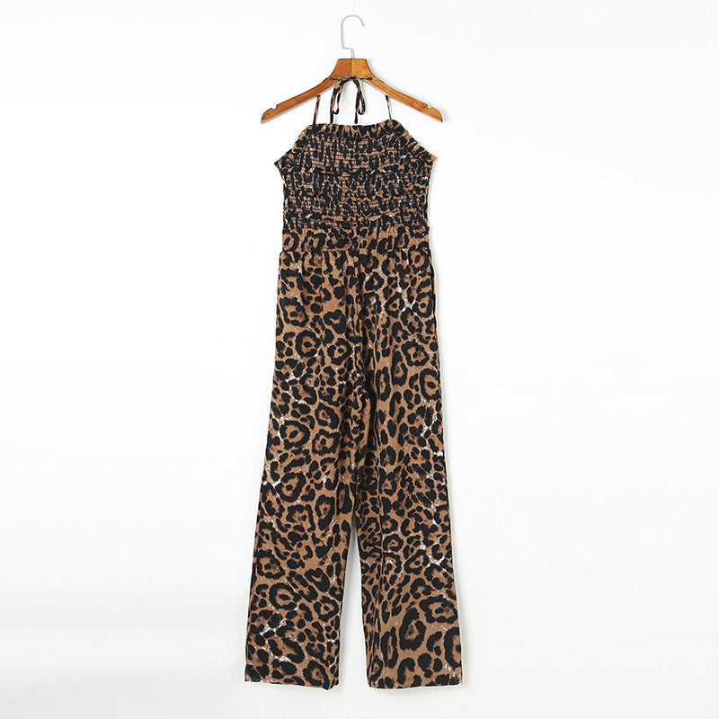 Summer Leopard Print Chest Wrapped Single Strap High Waist Belly Slimming Casual Jumpsuit Women