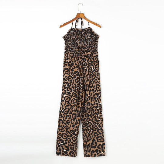 Summer Leopard Print Chest Wrapped Single Strap High Waist Belly Slimming Casual Jumpsuit Women