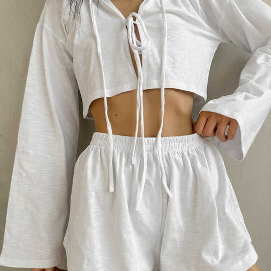 Summer Knitted Cotton Pajamas Drawstring Lace Comfortable Long Sleeve Shorts Two Piece Set Skin Friendly Soft