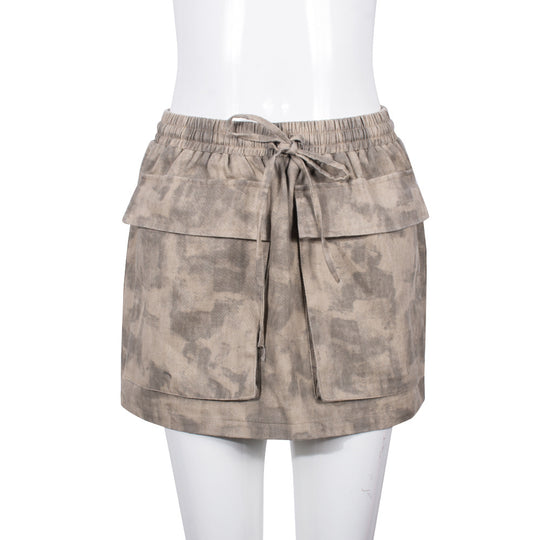 Camouflage Personalized Sexy Tied Elastic Waist Pocket Ultra Short Skirt for Women