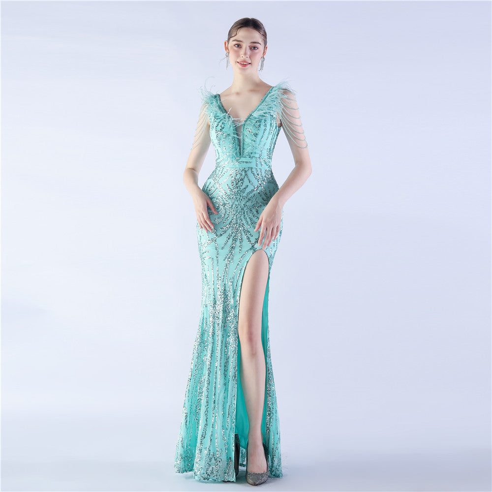 Heavy Industry Ostrich Feather plus Beaded Long Sequined Evening Dress