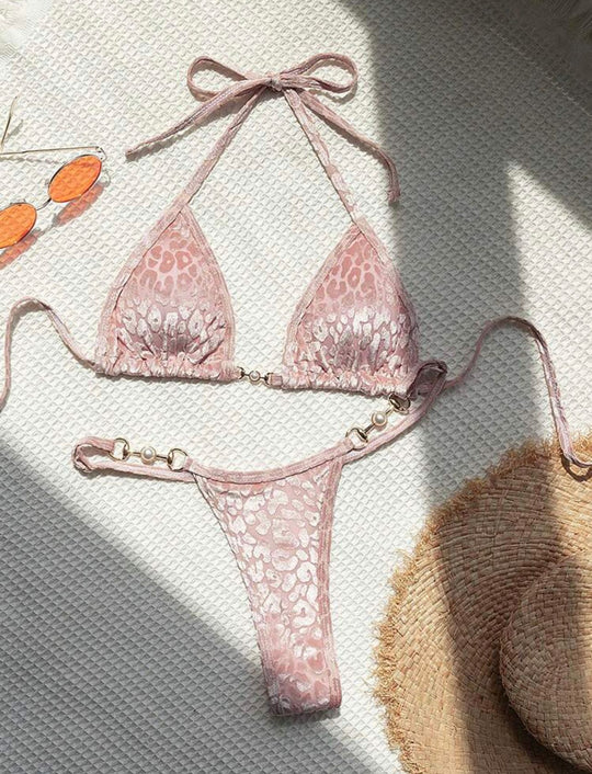 Sexy T Shaped Pearl Leopard Special Fabric Swimwear Swimsuit Bikini