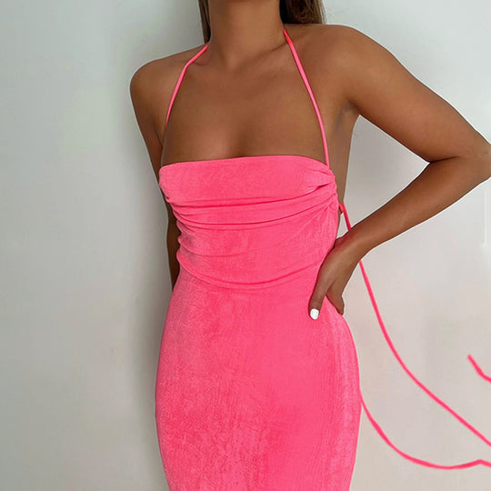 Summer Sexy Backless Lace-up Maxi Dress Tube Top Halter Dress Glitter