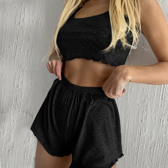 Summer Knitted Blended Breathable Cool Vest Shorts Two Piece Pajamas Women Jacquard Stretch