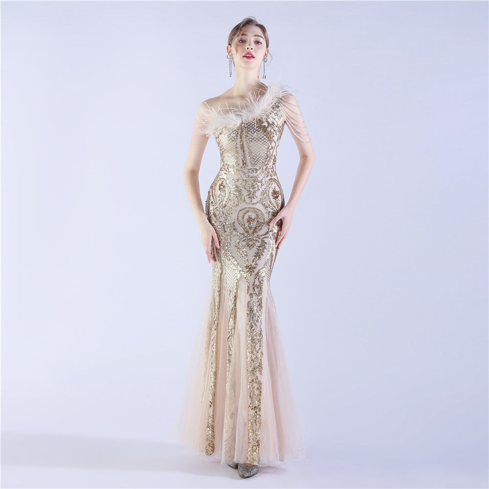Craft Beaded plus Ostrich Feather High End Sequined Evening Dress