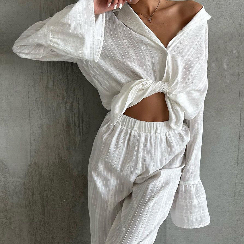 Summer Design Pure Cotton Jacquard Ruffled Cardigan Long Sleeve Pants Soft Two Piece Set Ladies Homewear