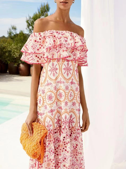 Summer off  Shoulder Ruffled Hollow Out Cutout   Embroidered Printed Front Slit Dress Elegant Dress