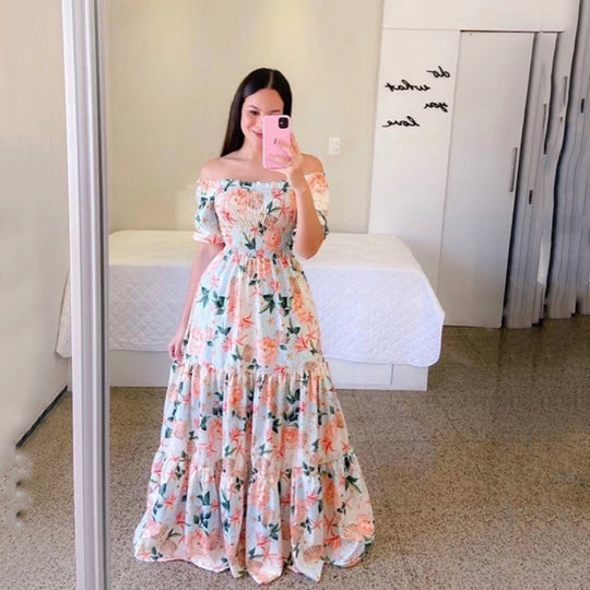 Spring Summer Women Clothing Dress off Shoulder Floral off Shoulder Long Printed Dress