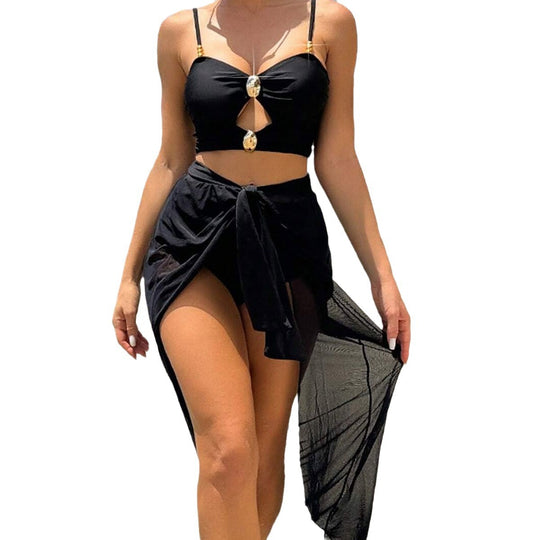 Women Swimsuit Solid Color Hollow Out Cutout Out High Grade Split Swimsuit Three Piece Suit Sexy Durable Bikini