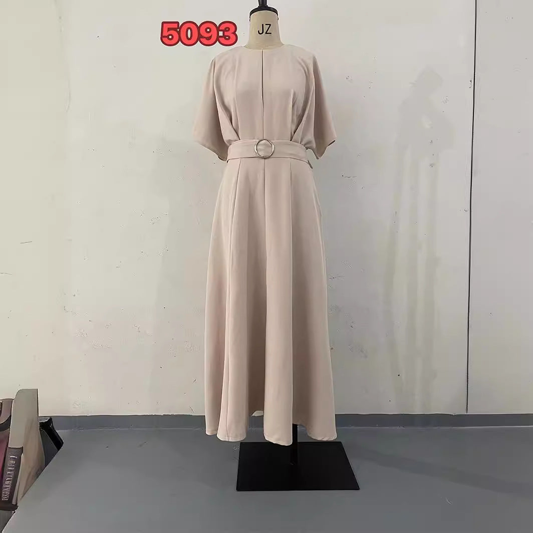 Solid Color round Neck Short Sleeves Dress Belt Slim Fit Maxi Dress