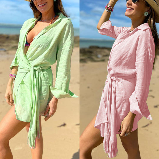 Spring Summer New Women Clothing Long Sleeve Collared Vacation Dress