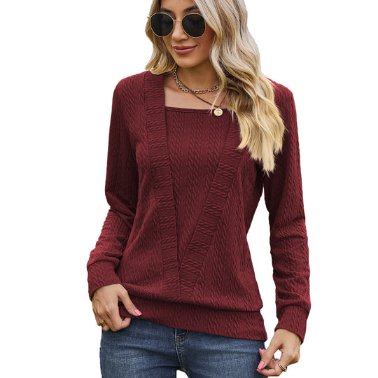 Autumn Winter Solid Color Square Collar Cross Loose Long Sleeved T shirt Top Women