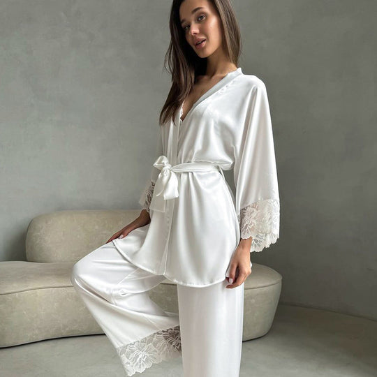 Sexy Lace Stitching Cardigan Long Sleeve Pants Pajamas Two-Piece White Lace up Homewear for Women