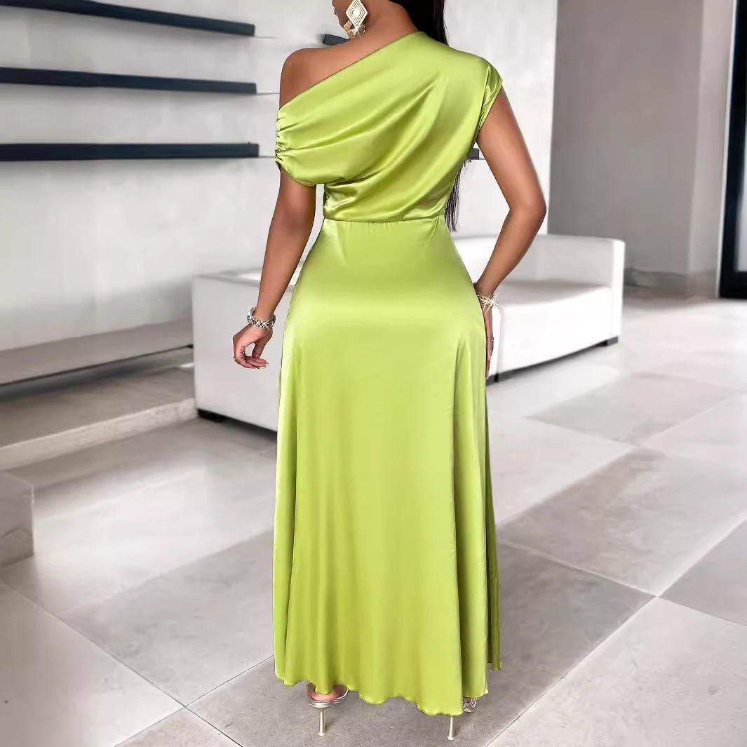 Summer Women Casual Solid Color Oblique Shoulder Asymmetric Dress Women