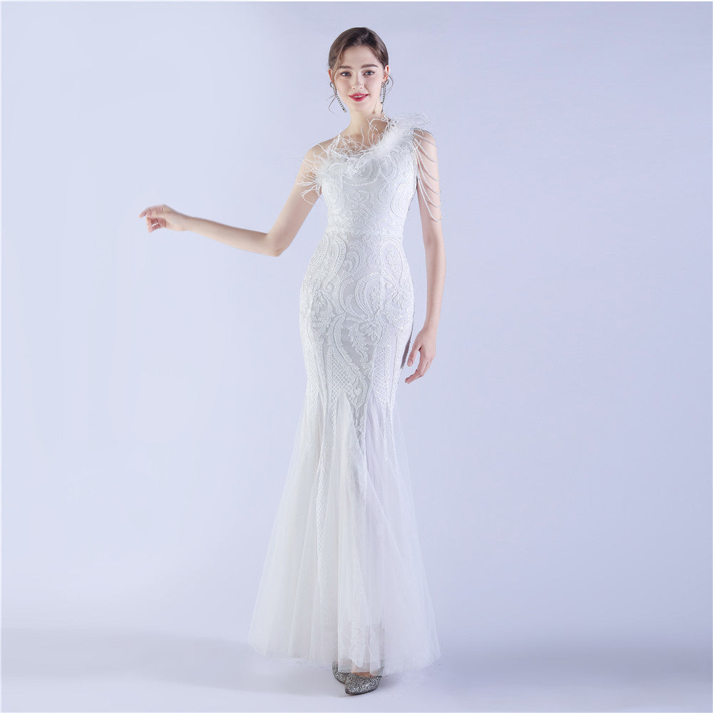 Craft Beaded plus Ostrich Feather High End Sequined Evening Dress