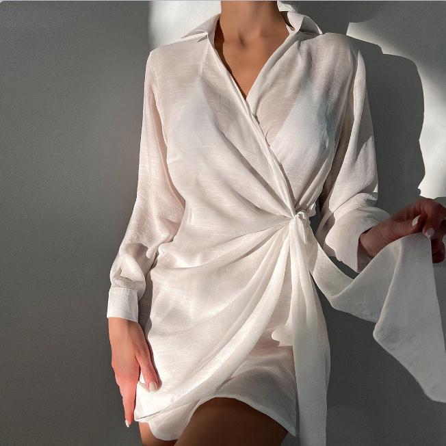 Vacation Sun Protection Shirt Long Sleeve Loose Solid Color V Neck Shirt Mid Length Ice Silk Blouse