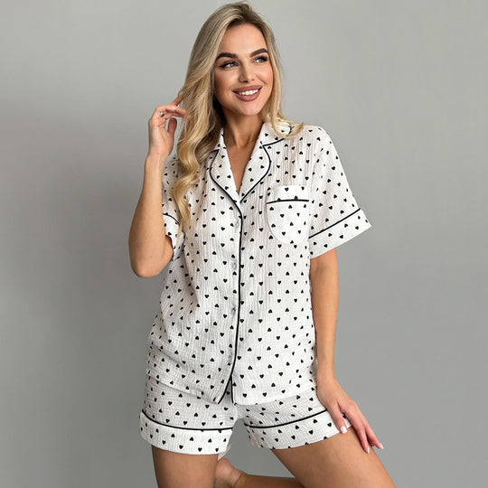 Pure Cotton Short Sleeve Short Pants Heart Printing Stitching Simple Pajamas Soft Ladies Homewear