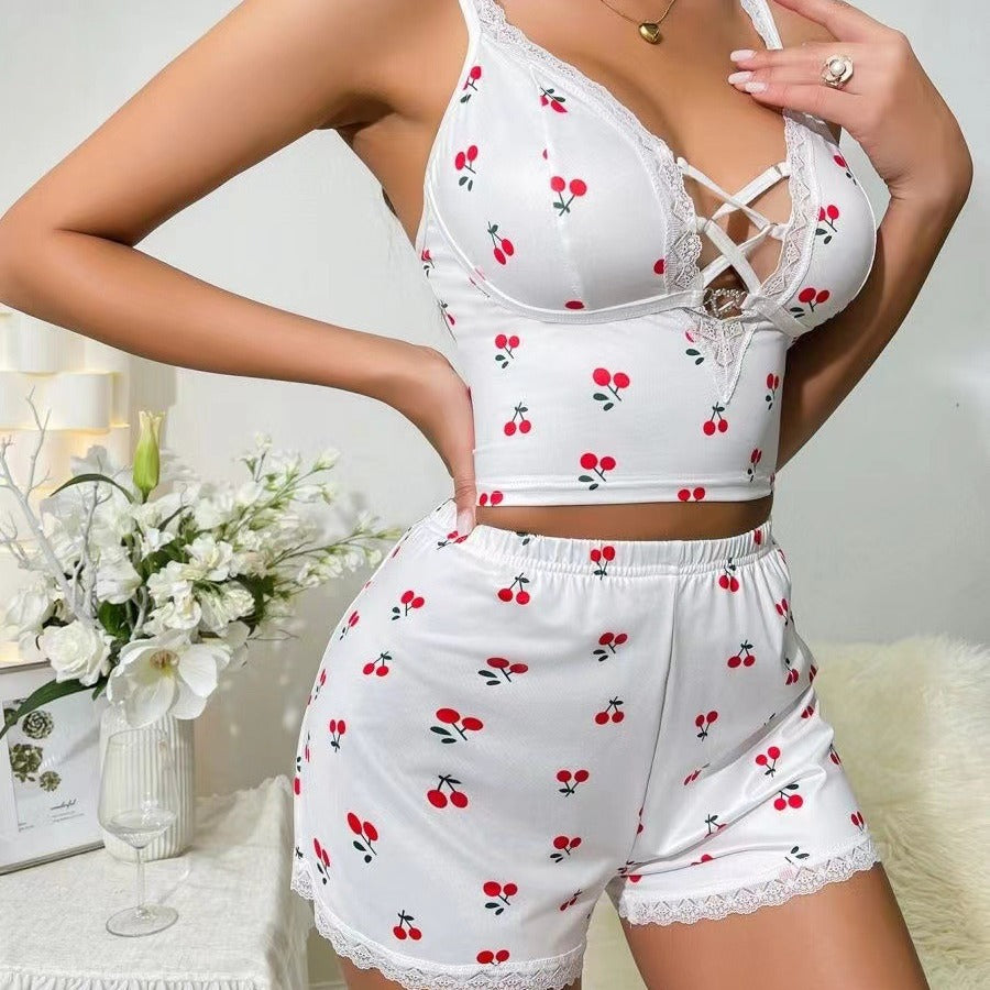 Strap Pajamas Shorts Suit Hollow Out Cutout Out V Neck Lace Stitching Sexy Home Wear Suit