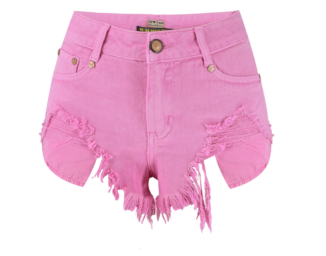 Women Clothing High Waist Slim-Fit Worn Irregular Asymmetric Leak Pocket Nightclub Pants Ghost Pink Beach Denim Shorts