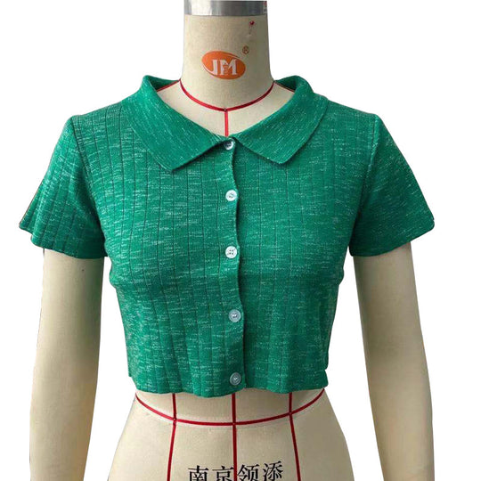 Women  Polo Shirt Green Collared Knitwear Sweater Small Cardigan Cropped Short Sleeve Short Sleeve