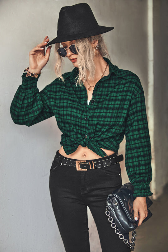 Autumn Winter Loose Puff Sleeve Plaid Shirt