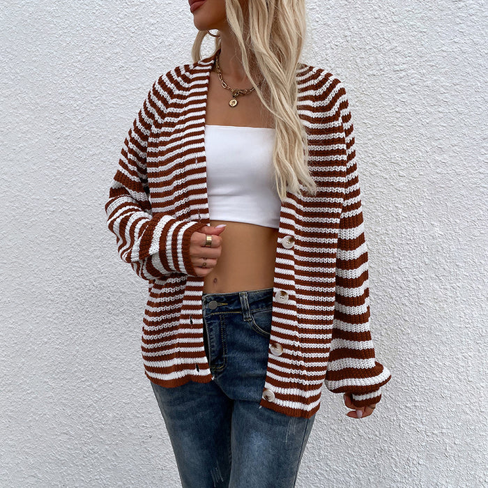 Autumn Winter Casual Button Knitted Cardigan Striped V Neck Lantern Sleeve Sweater Women