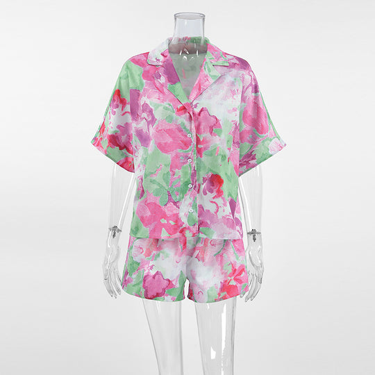 Summer Printed Polyester Two Piece Set Short Sleeve Shorts Can Be Worn outside Ladies Homewear