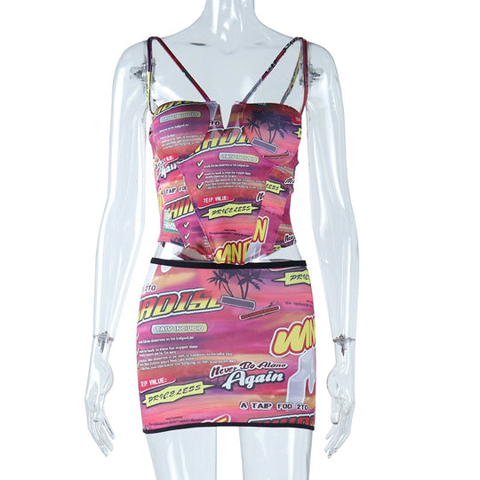Summer Printed Sexy Chest Wrap Halter Spaghetti Straps Small Underwear Vest Hip Wrap Miniskirt Suit