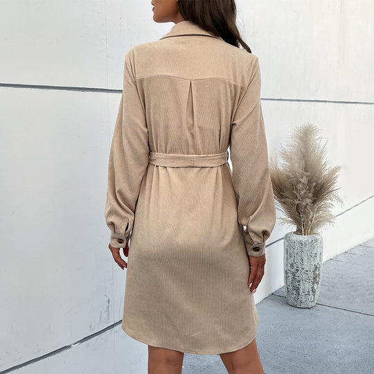 Autumn Dress Long Sleeve Solid Color Corduroy Shirt Dress