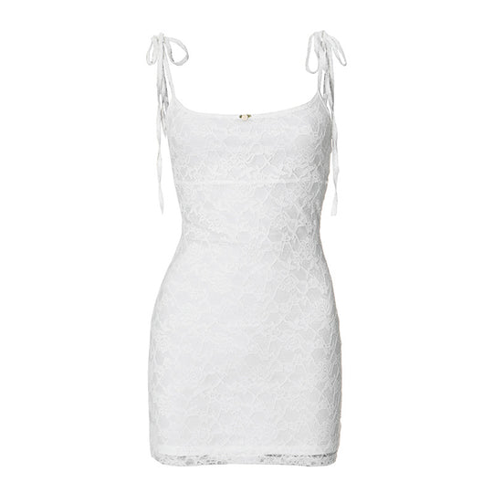 Women Clothing Summer Solid Color Lace Stitching Sleeveless Sling Rope Casual Dress