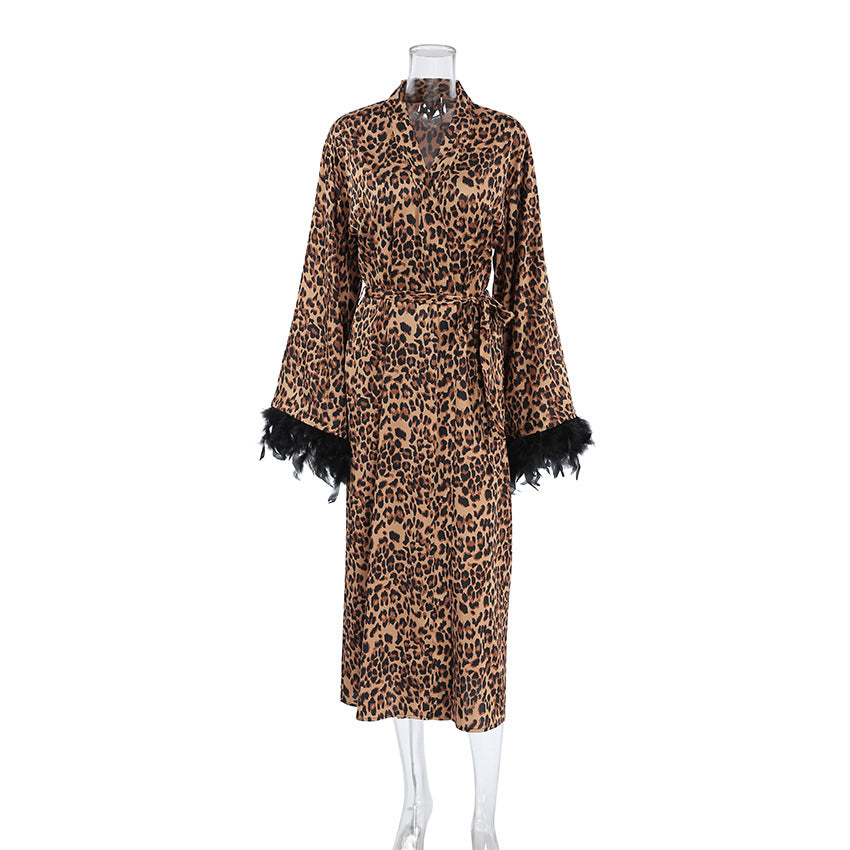 Summer Sexy Leopard Print Feather Stitching Long Sleeve Long Robe Women Home Wear