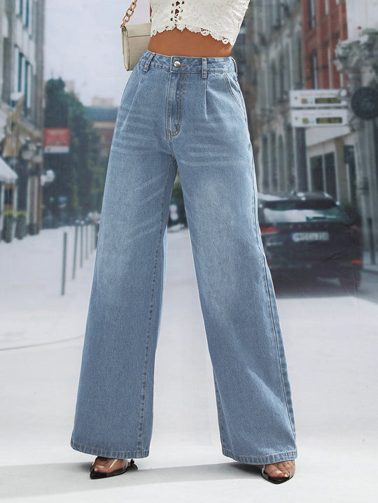 Women Clothing Denim Fashionable Figure Flattering High Waist Wide Leg Straight Denim Trousers