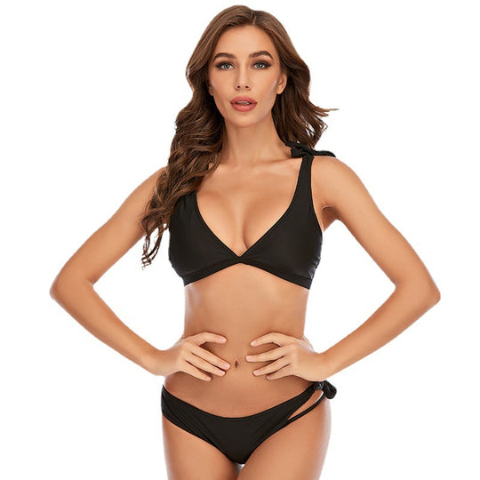 Solid Color Split Swimsuit Women Hollow Out Bikini Lace-up Swimwear