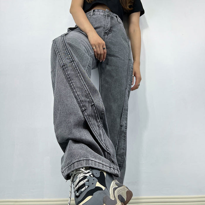Retro Sexy Straight Loose Jeans Women's Autumn Special Design Stitching Wide Leg Trousers