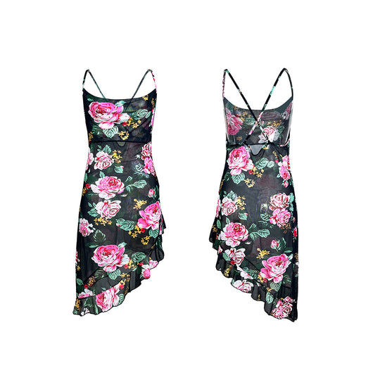 Mesh Floral Print Swing Collar Tube Top Irregular Asymmetric Ruffled Suspender Dress Home Wear