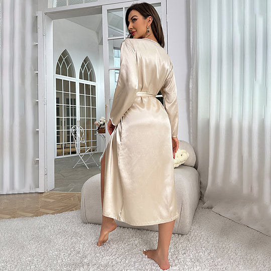 Summer Sexy Emulation Silk Nightgown Women Long Sleeve Long Tie Bathrobe Morning Gowns Casual Homewear