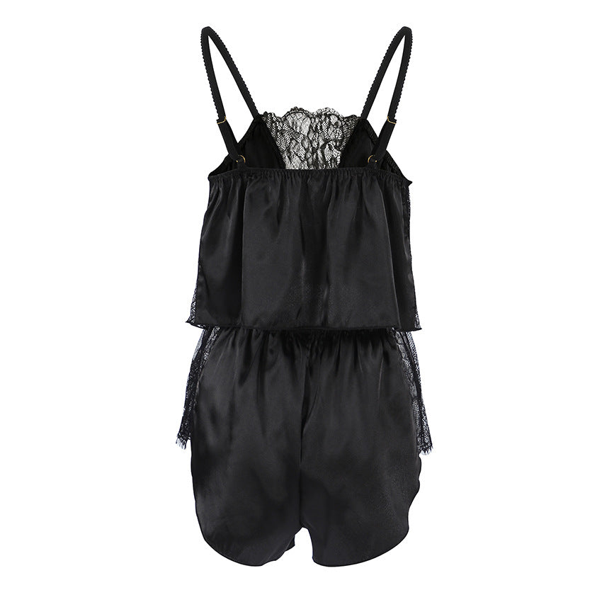 Summer Black Light Luxury Lace Satin Suspender Shorts Pajamas Set Home Wear for Women